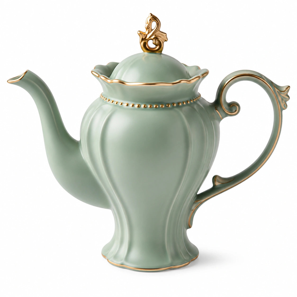 Teiera in ceramica 1.20 L verde salvia con dettagli dorati stile classico