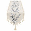 Runner da tavolo 180 x 33 cm in tessuto beige e blu con motivo botanico e nappe stile rustico