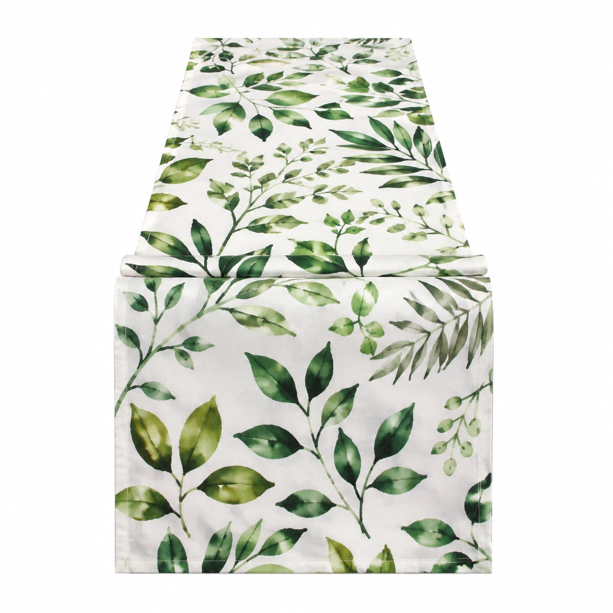 Runner da tavola 180 x 40 cm in tessuto bianco e verde con motivo botanico