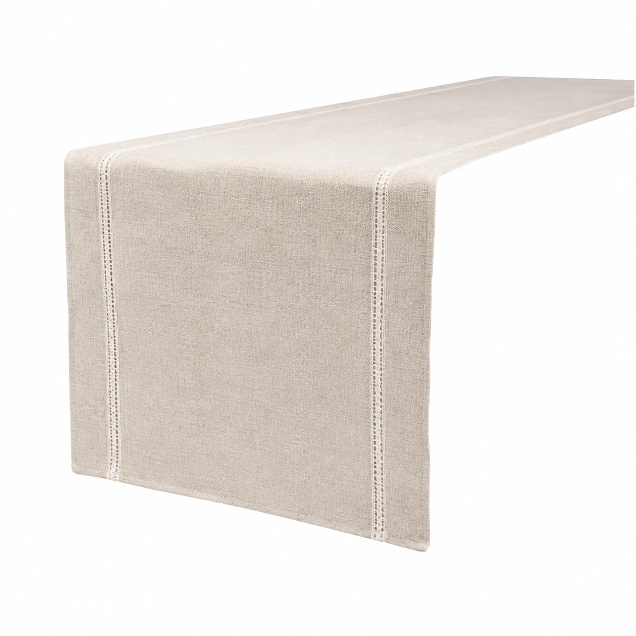 Runner da tavola 180 x 33 cm in tessuto effetto lino beige con bordo traforato