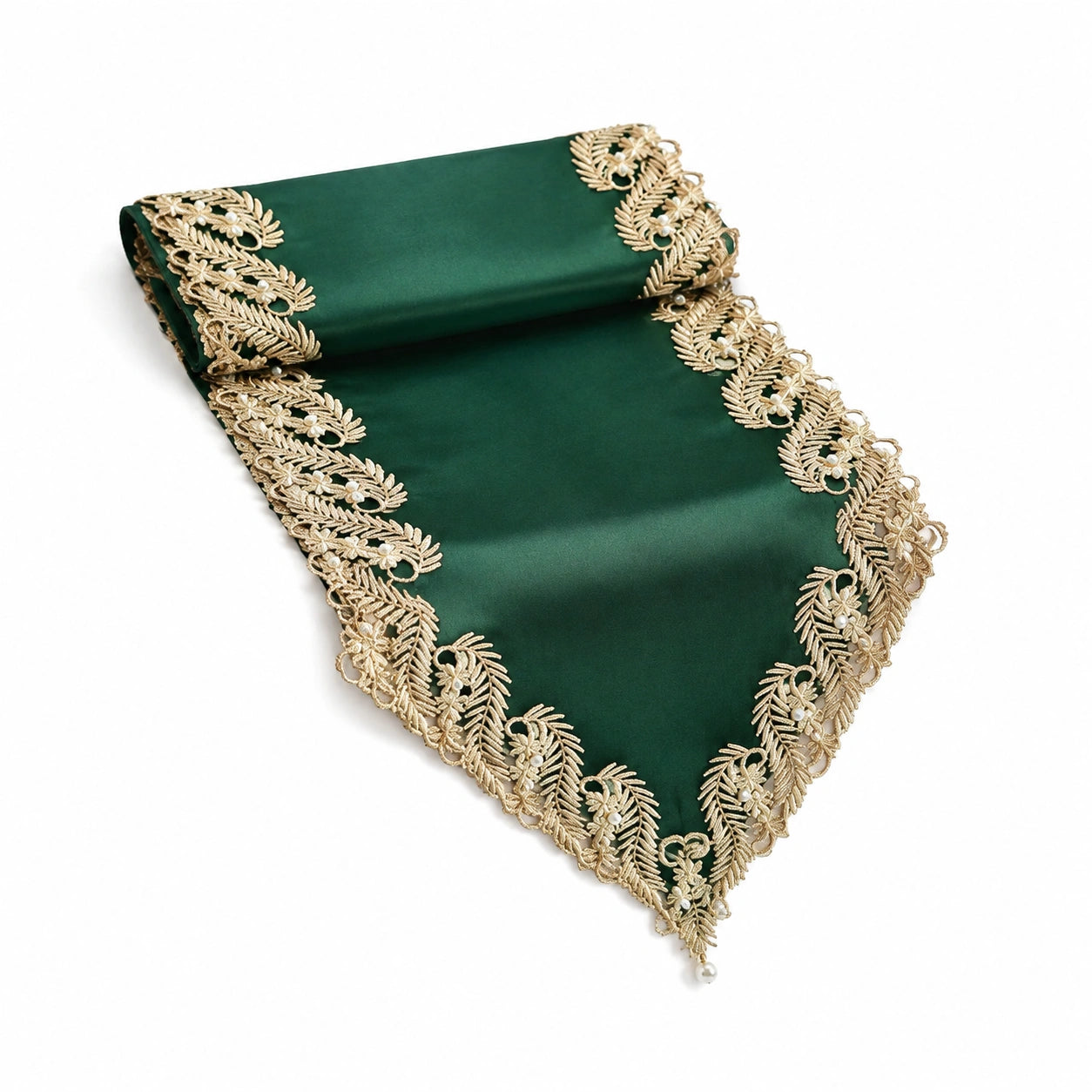 Runner da tavola 180 x 33 cm in poliestere verde smeraldo con bordo ricamato dorato stile elegante