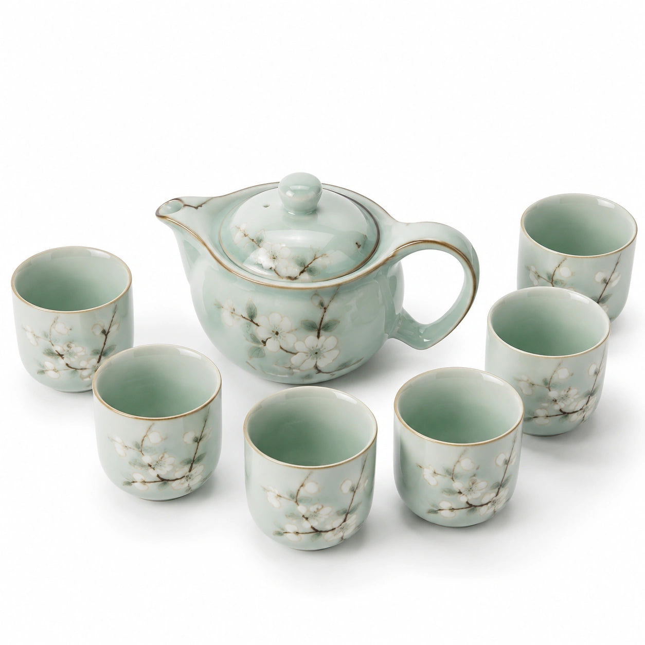 Servizio da tè in ceramica 1.1 L verde con teiera e 6 tazze floreali