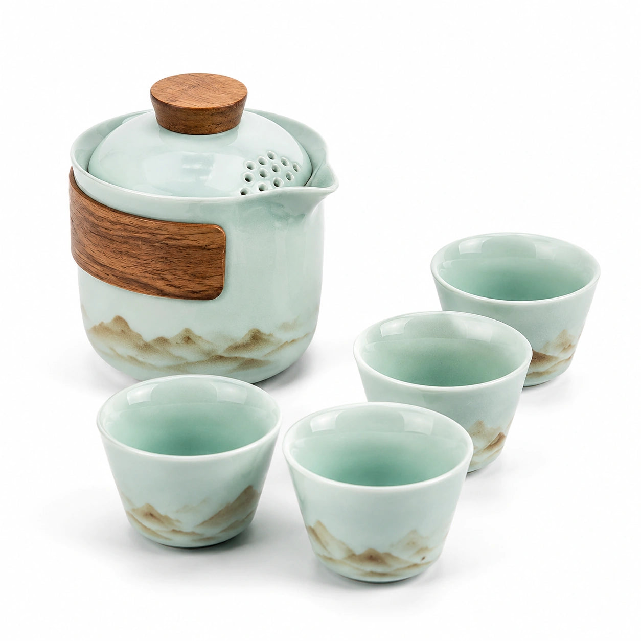 Servizio da tè in ceramica 5 pezzi verde con teiera 14 x 11 cm e tazze stile naturale