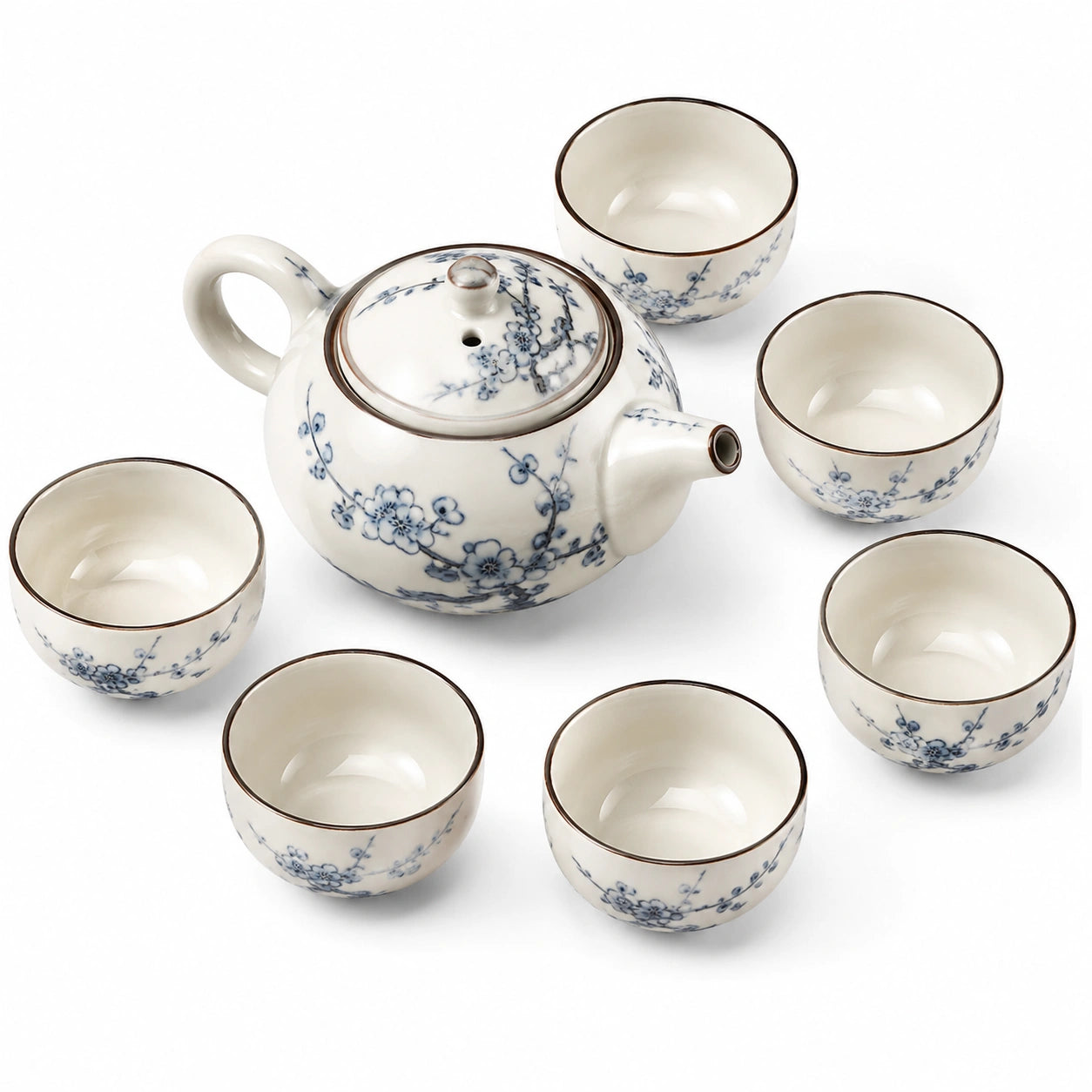 Servizio da tè in ceramica 7 pezzi bianco e blu con decoro floreale 700 ml