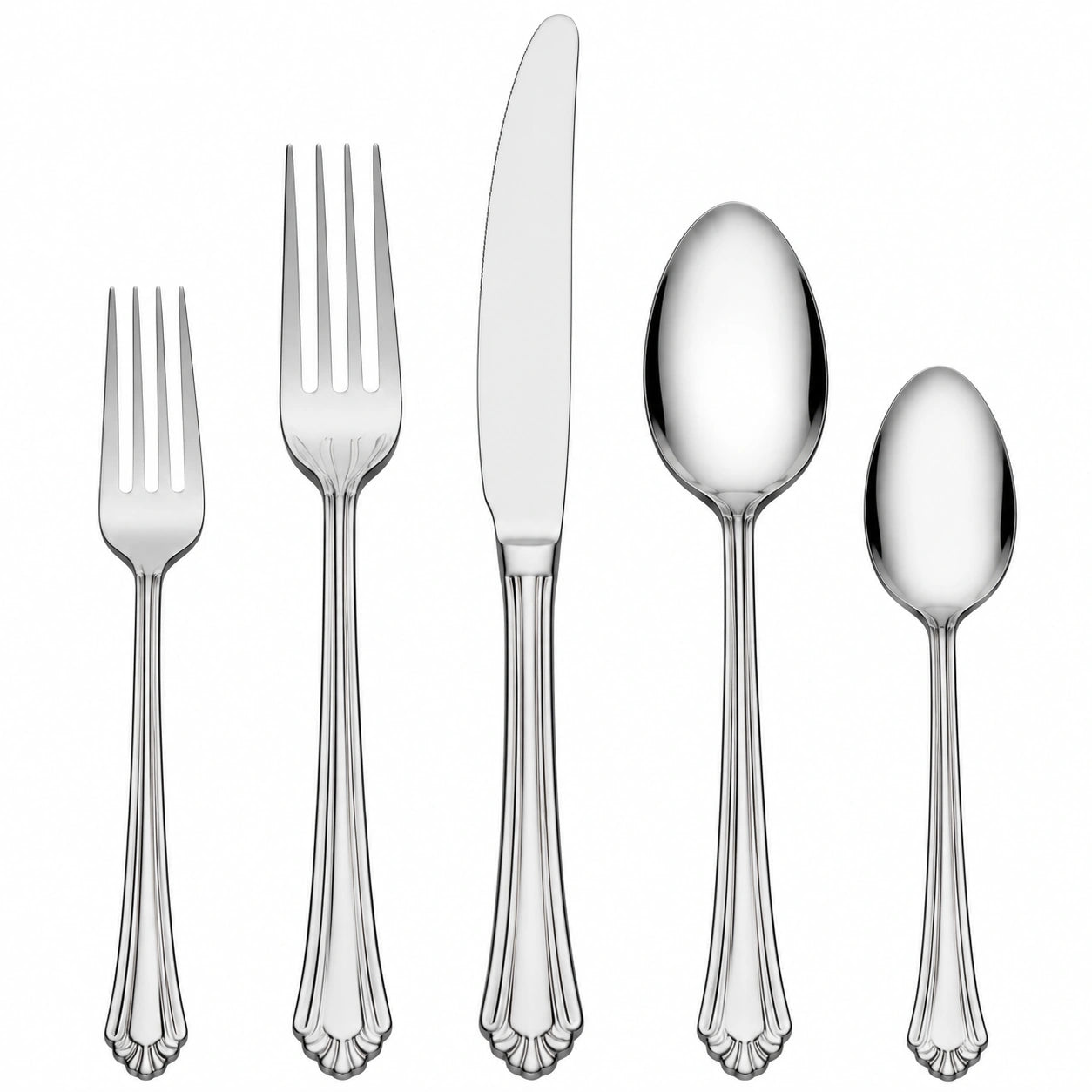 Set posate 5 pezzi in acciaio inox argento per tavola stile classico