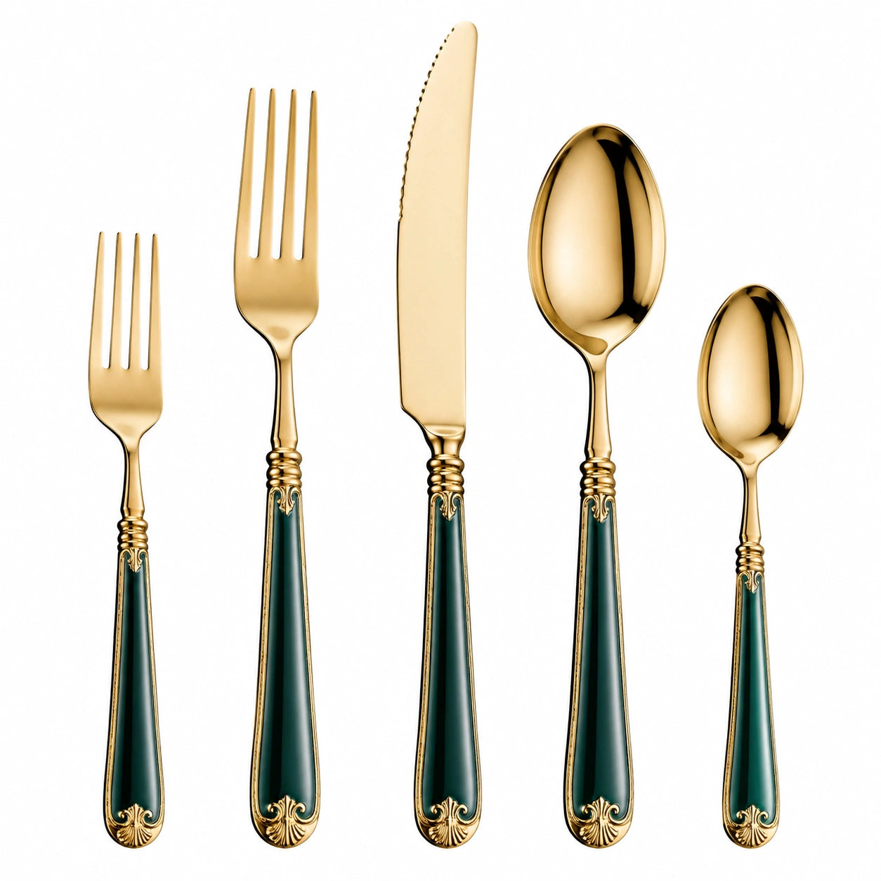 Set di posate 5 pezzi in acciaio inox oro e verde stile classico