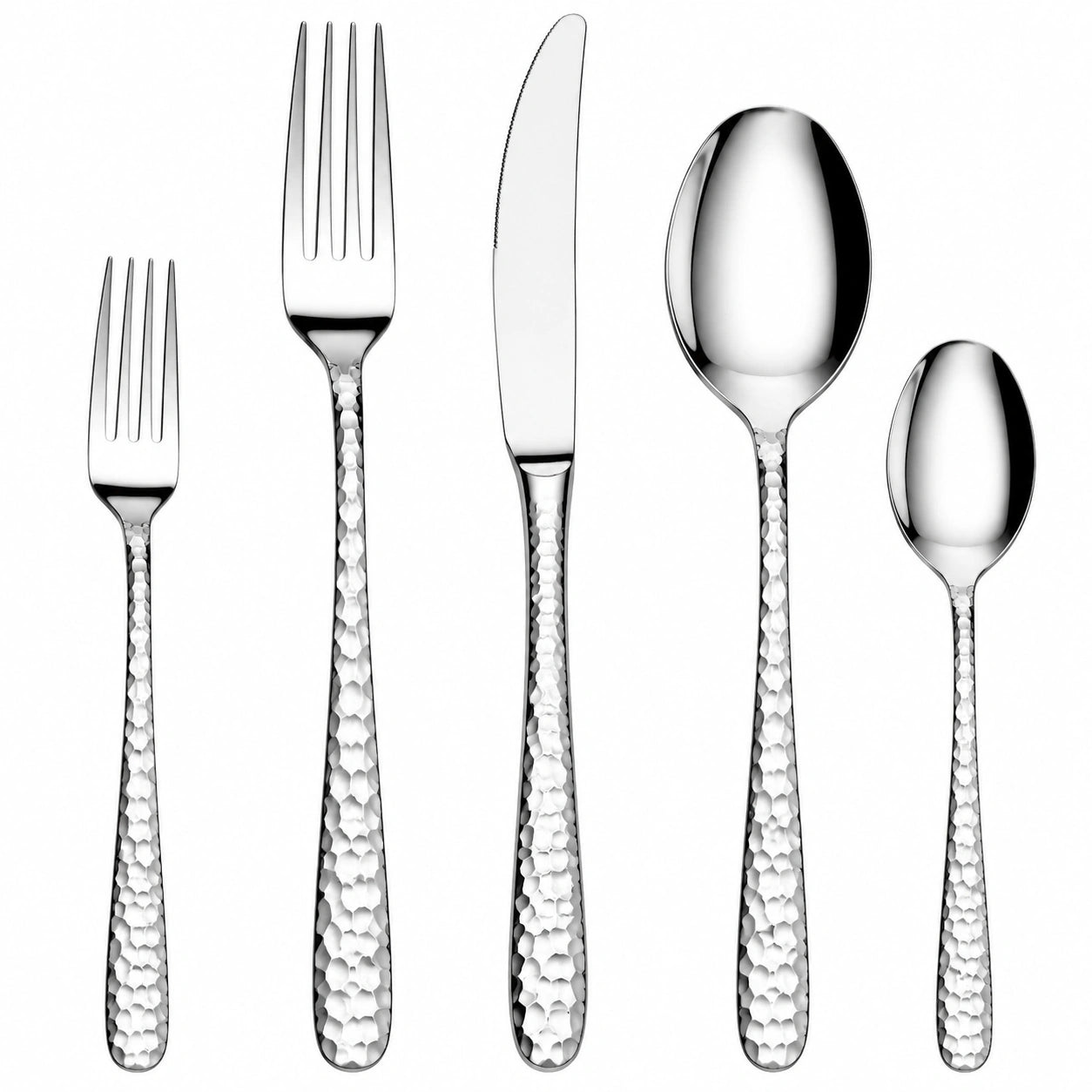 Set di posate 5 pezzi in acciaio inossidabile argento con manico martellato