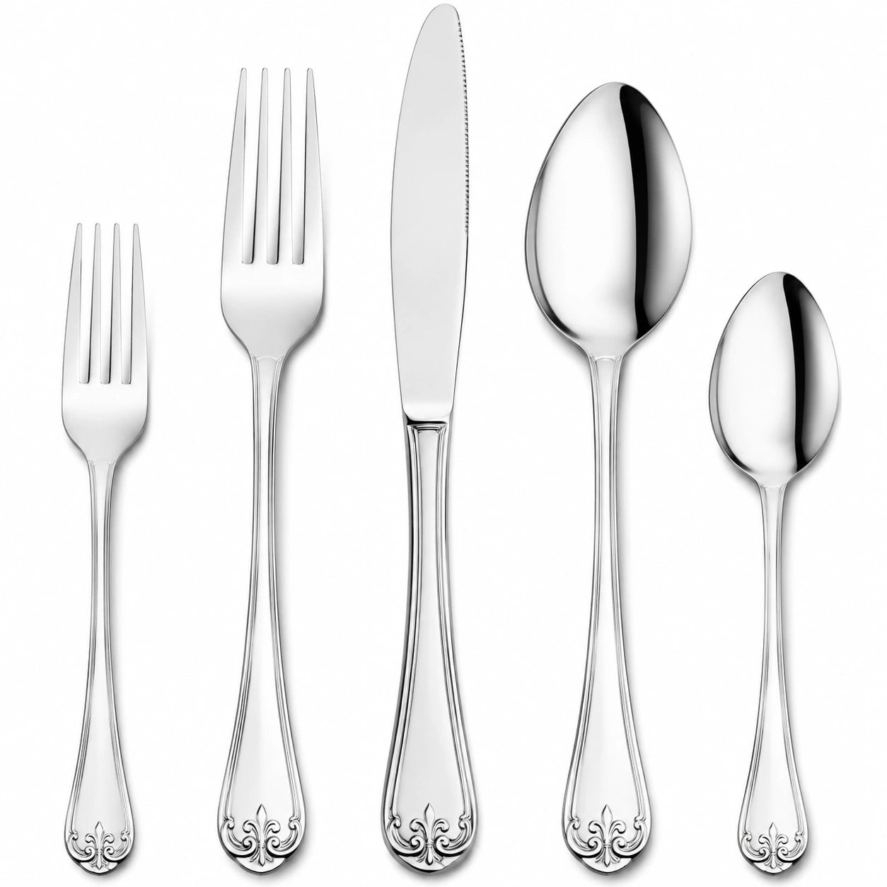 Set posate 5 pezzi in acciaio inox argento lucidato stile classico