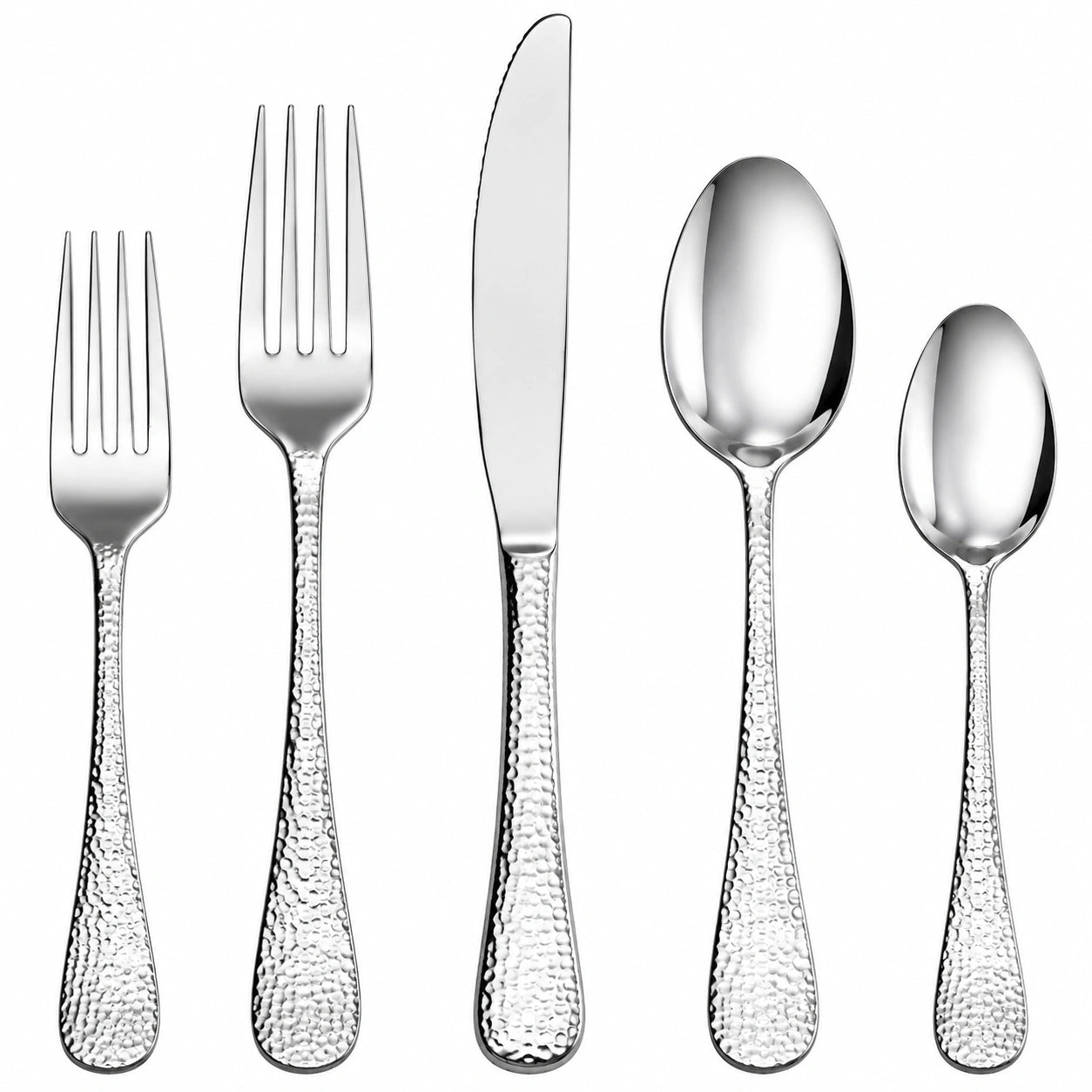 Set posate 5 pezzi in acciaio inox argento con manico martellato per tavola