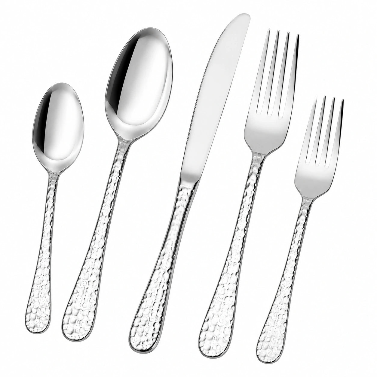 Set posate 5 pezzi 14-23 cm in acciaio inossidabile argento con manici martellati