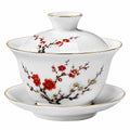 Tazza Gaiwan in porcellana 150 ml bianca con fiori rossi e bordo dorato
