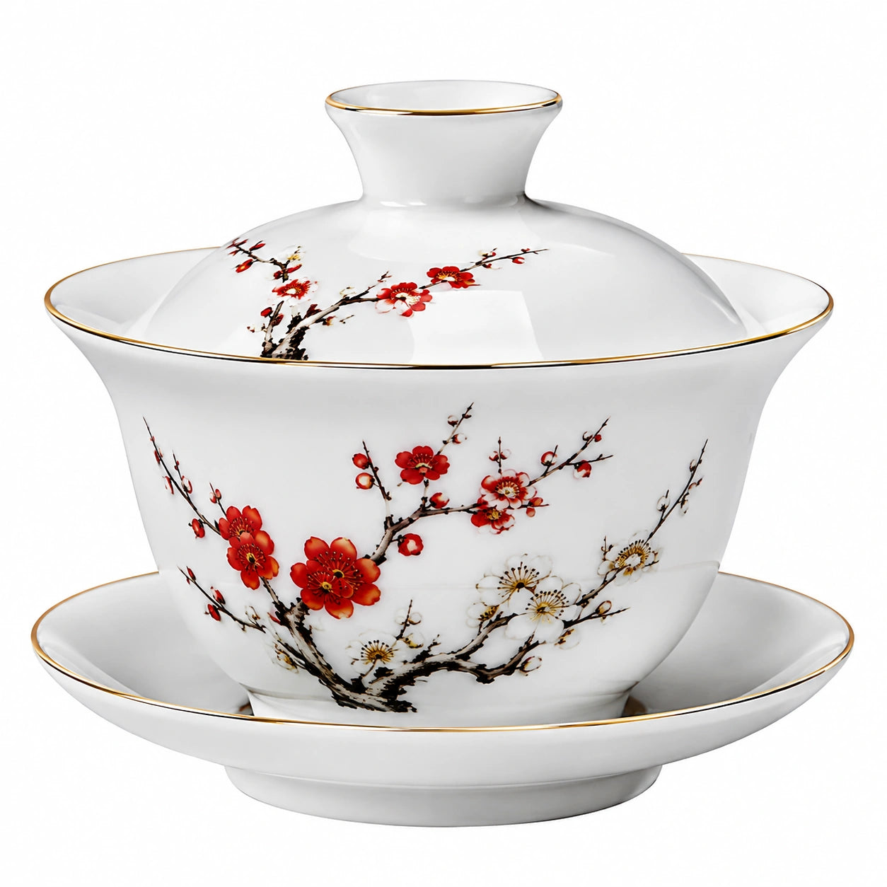 Tazza Gaiwan in porcellana 150 ml bianca con fiori rossi e bordo dorato