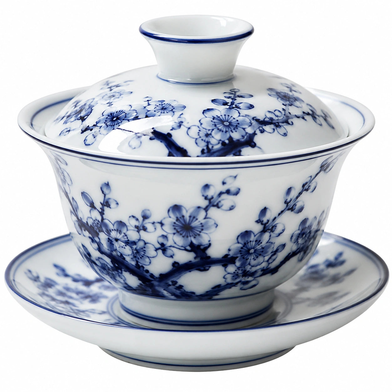 Tazza da tè con coperchio 150 ml in porcellana bianca e blu con motivo floreale