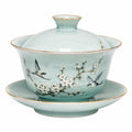 Gaiwan in ceramica 180 ml verde acqua con motivo floreale e uccelli - set da tè con coperchio e piattino