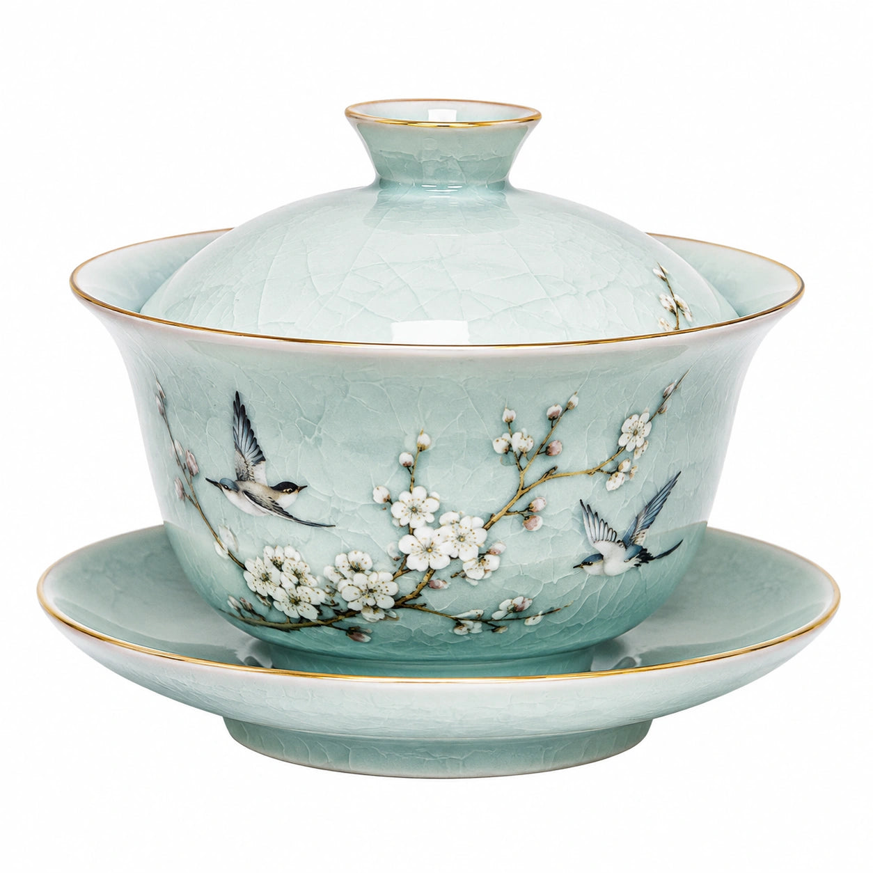 Gaiwan in ceramica 180 ml verde acqua con motivo floreale e uccelli - set da tè con coperchio e piattino