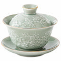 Tazza gaiwan 150 ml 10.5 cm in porcellana verde celadon con decoro floreale - set da tè con coperchio