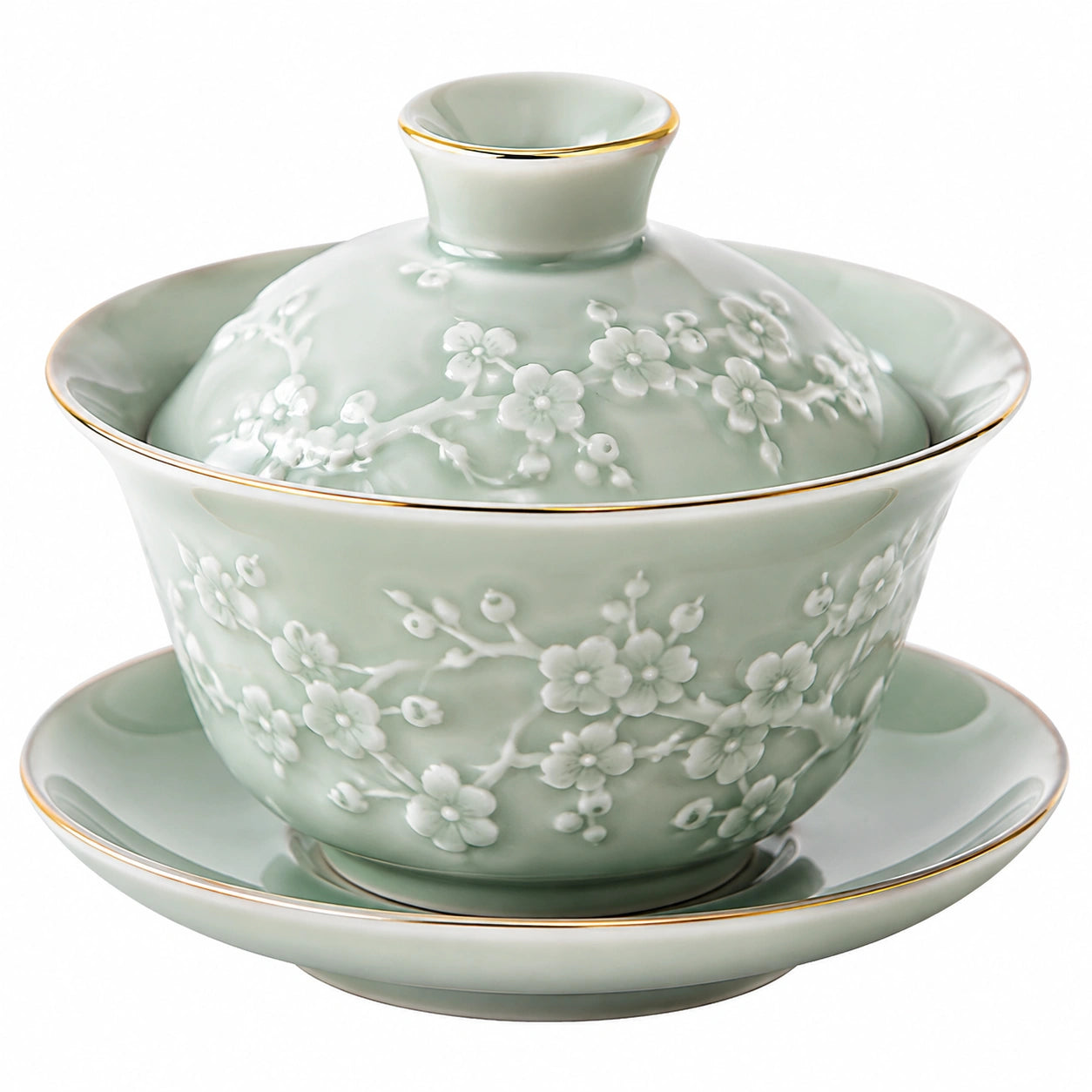 Tazza gaiwan 150 ml 10.5 cm in porcellana verde celadon con decoro floreale - set da tè con coperchio
