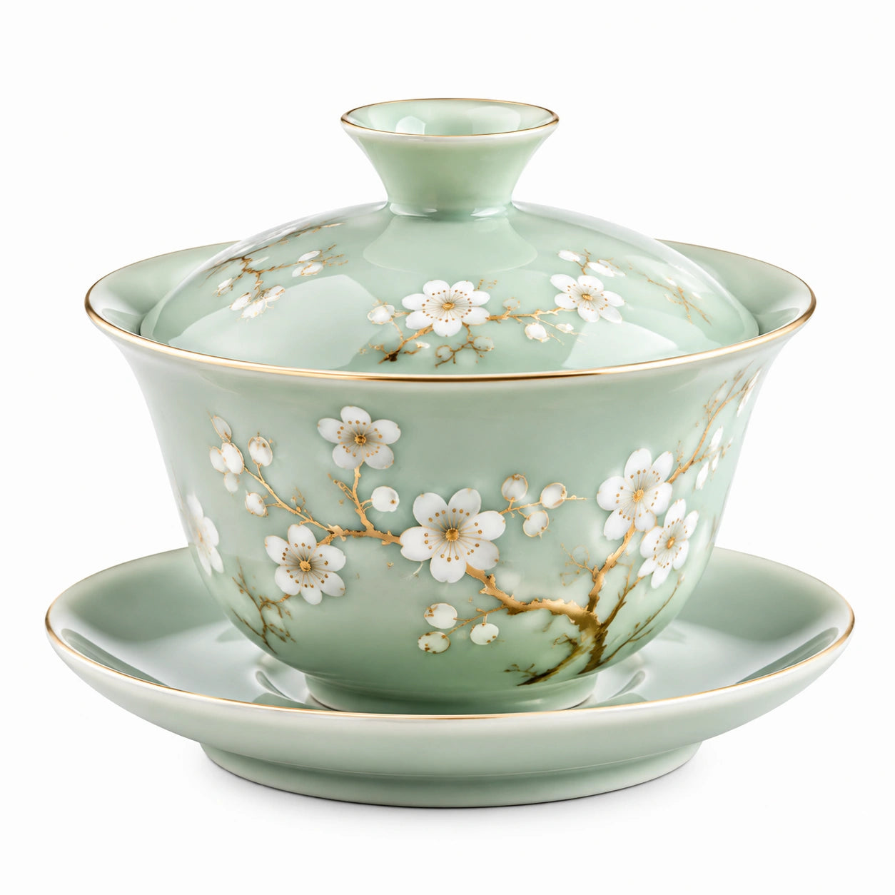 Tazza da tè con coperchio 180 ml in porcellana verde con decoro floreale e piattino