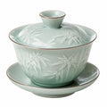 Tazza Gaiwan 150 ml in ceramica verde con coperchio e sottotazza decorazione bambù