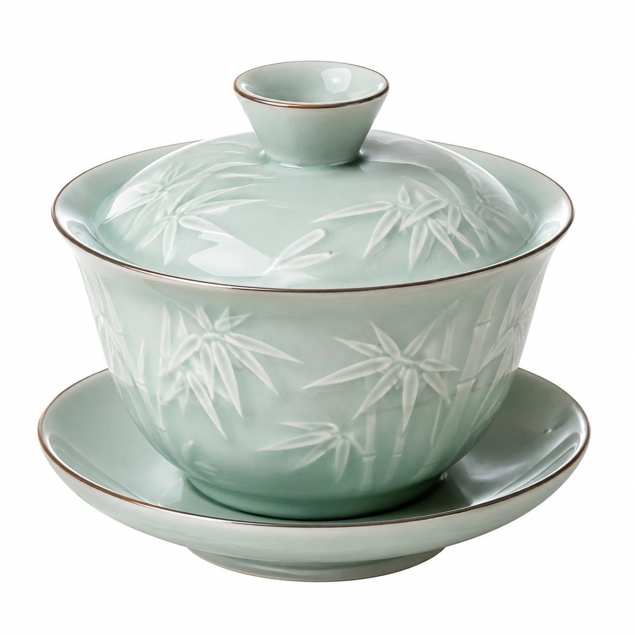 Tazza Gaiwan 150 ml in ceramica verde con coperchio e sottotazza decorazione bambù